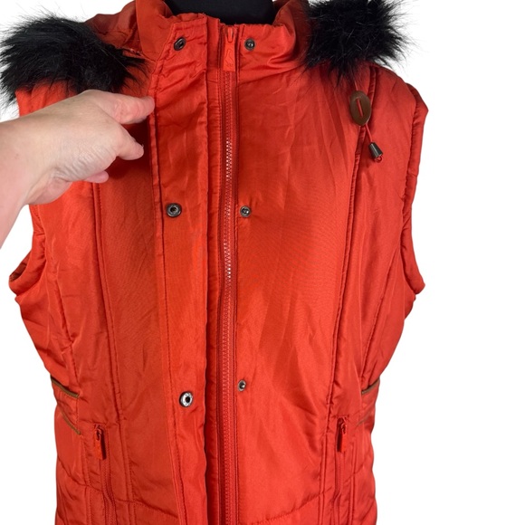 NEW Sporto Orange Rust XL Longline Quilted Jacket Vest Faux Fur Trimmed Hood - Picture 8 of 14
